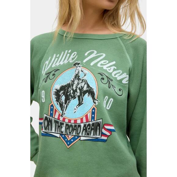 NEW DAYDREAMER willie nelson 1980 cowboy raglan thermal sweatshirt in stone gree - Picture 2 of 5